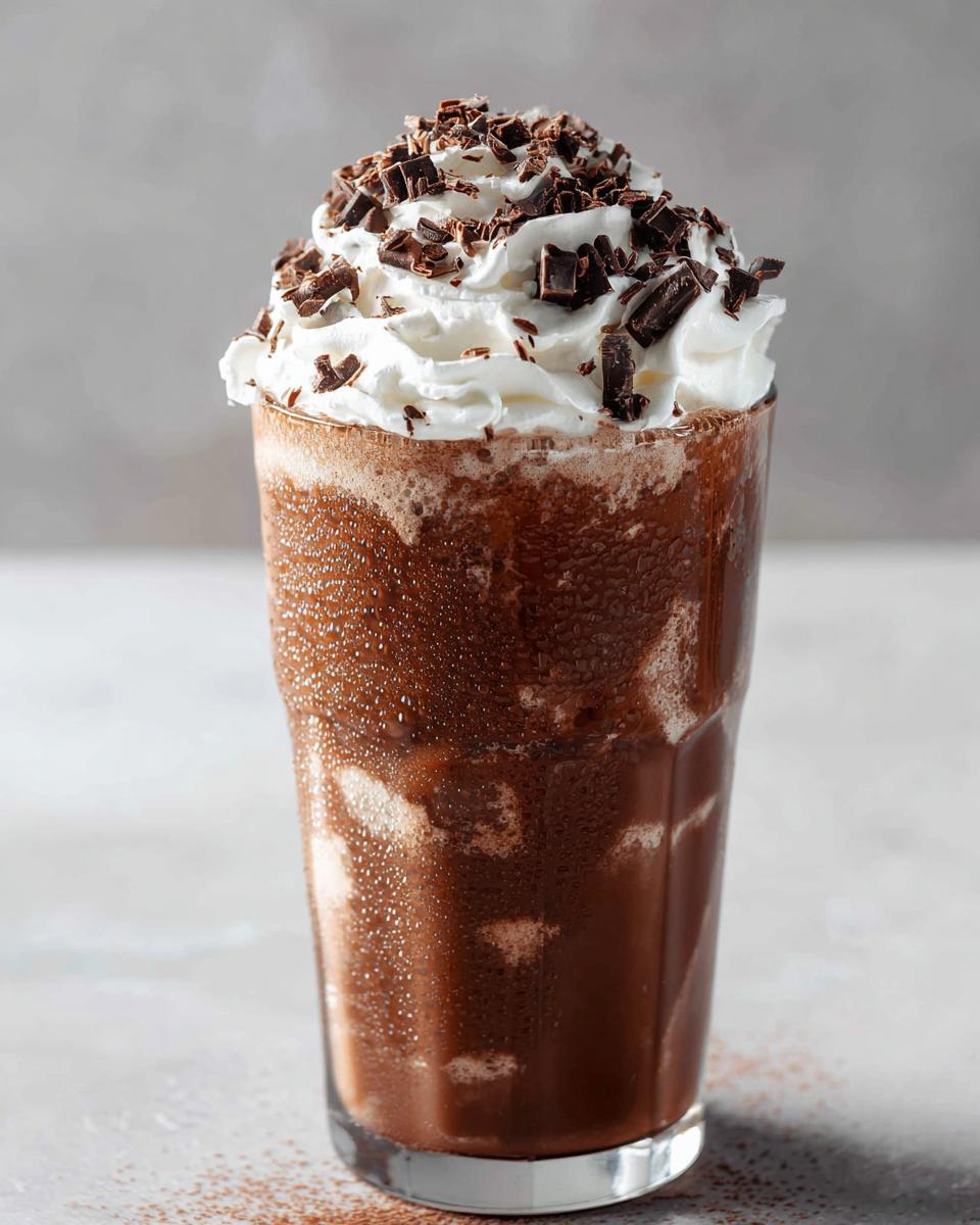 A tall glass filled with rich, blended frozen hot chocolate topped with whipped cream and chocolate shavings.