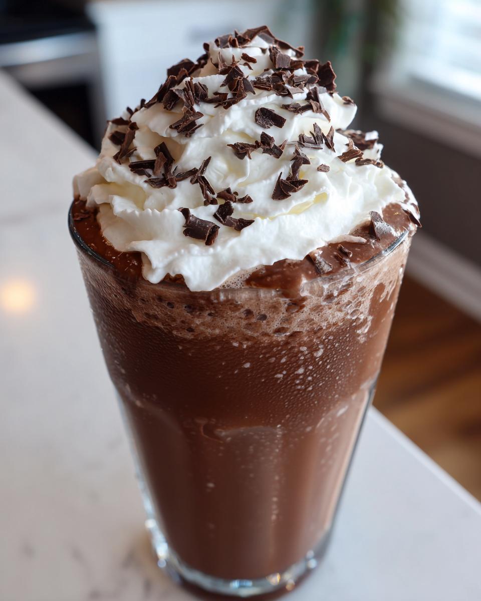Close-up of a tall glass filled with blended frozen hot chocolate, topped with whipped cream and chocolate shavings.