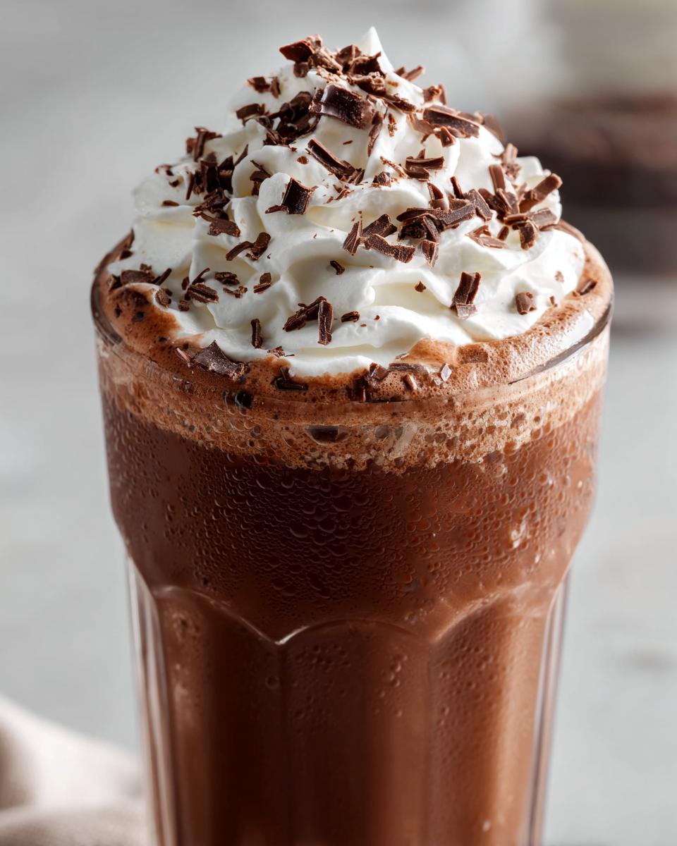 Close-up of a tall, frosty glass filled with rich frozen hot chocolate, topped with whipped cream and chocolate shavings.