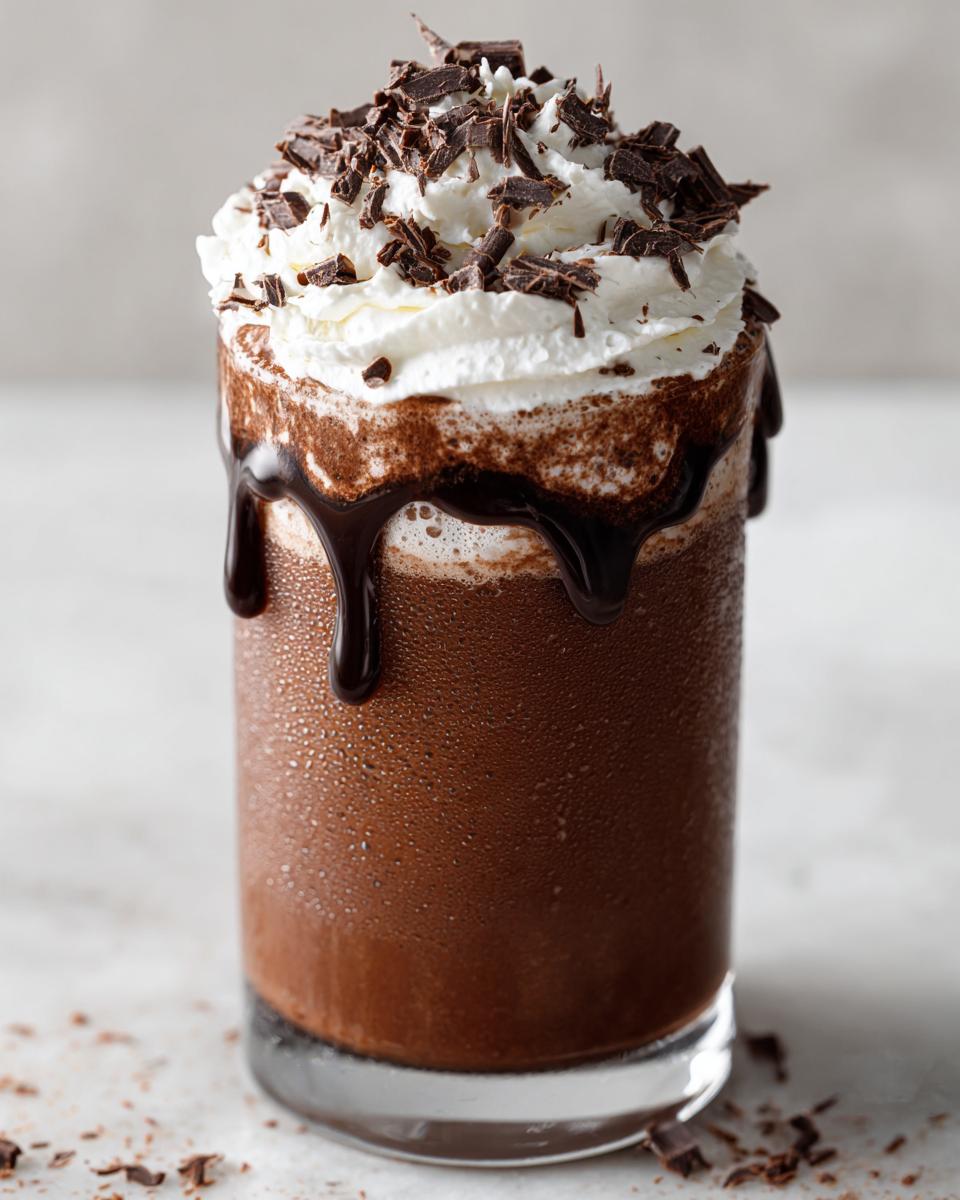 A tall, frosty glass filled with rich frozen hot chocolate, topped with whipped cream and chocolate shavings.
