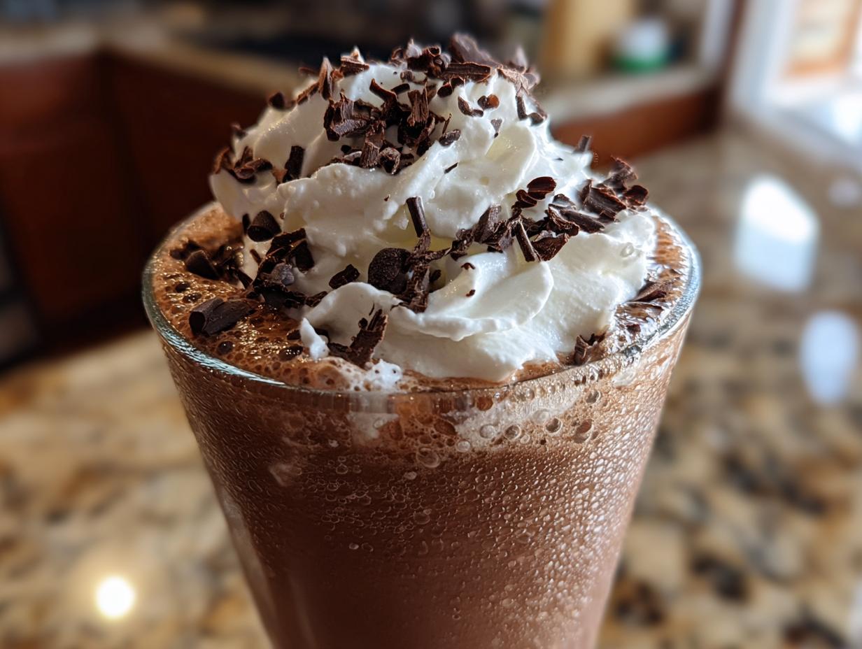 Close-up of a tall glass filled with rich, blended frozen hot chocolate topped with whipped cream and chocolate shavings.