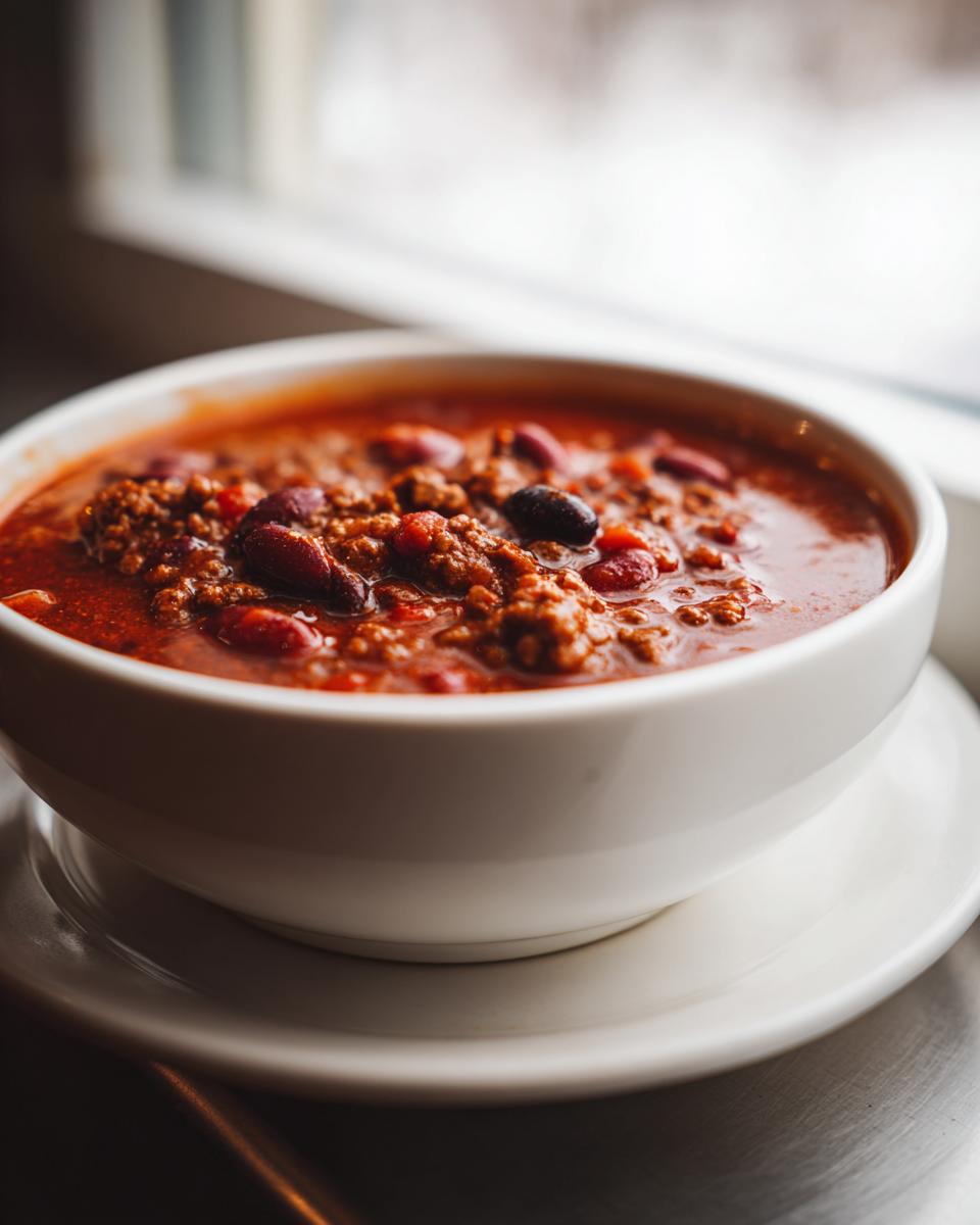 A close-up of a white bowl filled with rich, meaty chili, featuring kidney beans, served near a bright window.