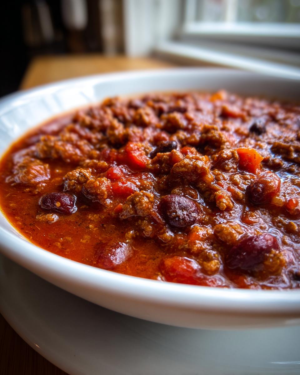 Close-up, appetizing shot of rich, meaty chili with kidney beans served in a white bowl.