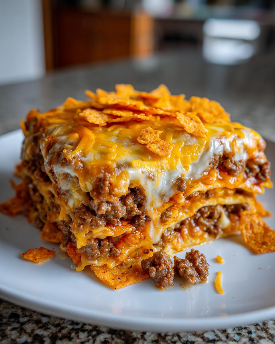 A tall, cheesy slice of Dorito Casserole layered with ground beef and topped with melted cheddar and crushed chips.
