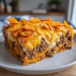 A hearty slice of Dorito Casserole layered with seasoned ground beef, cheese, and topped with crushed Doritos.
