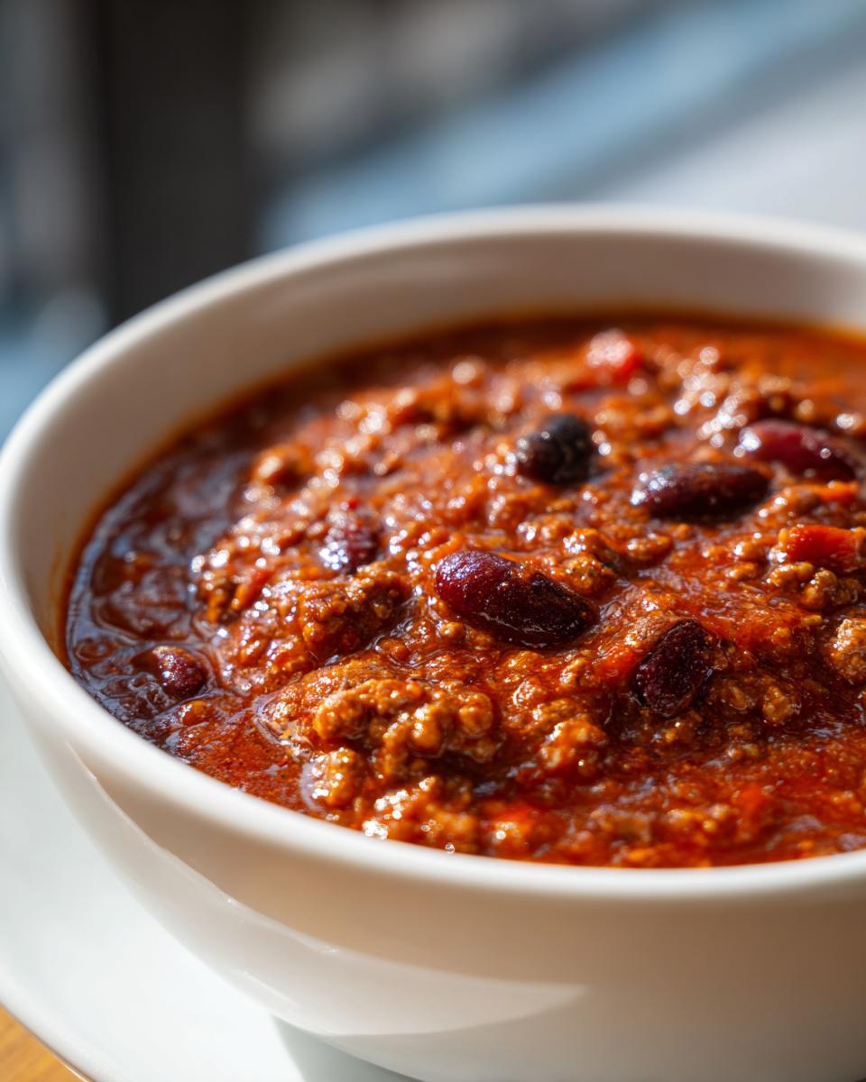 Close-up shot of a white bowl filled with rich, thick, meaty chili featuring kidney beans, perfect for the 30-Minute chili recipe.