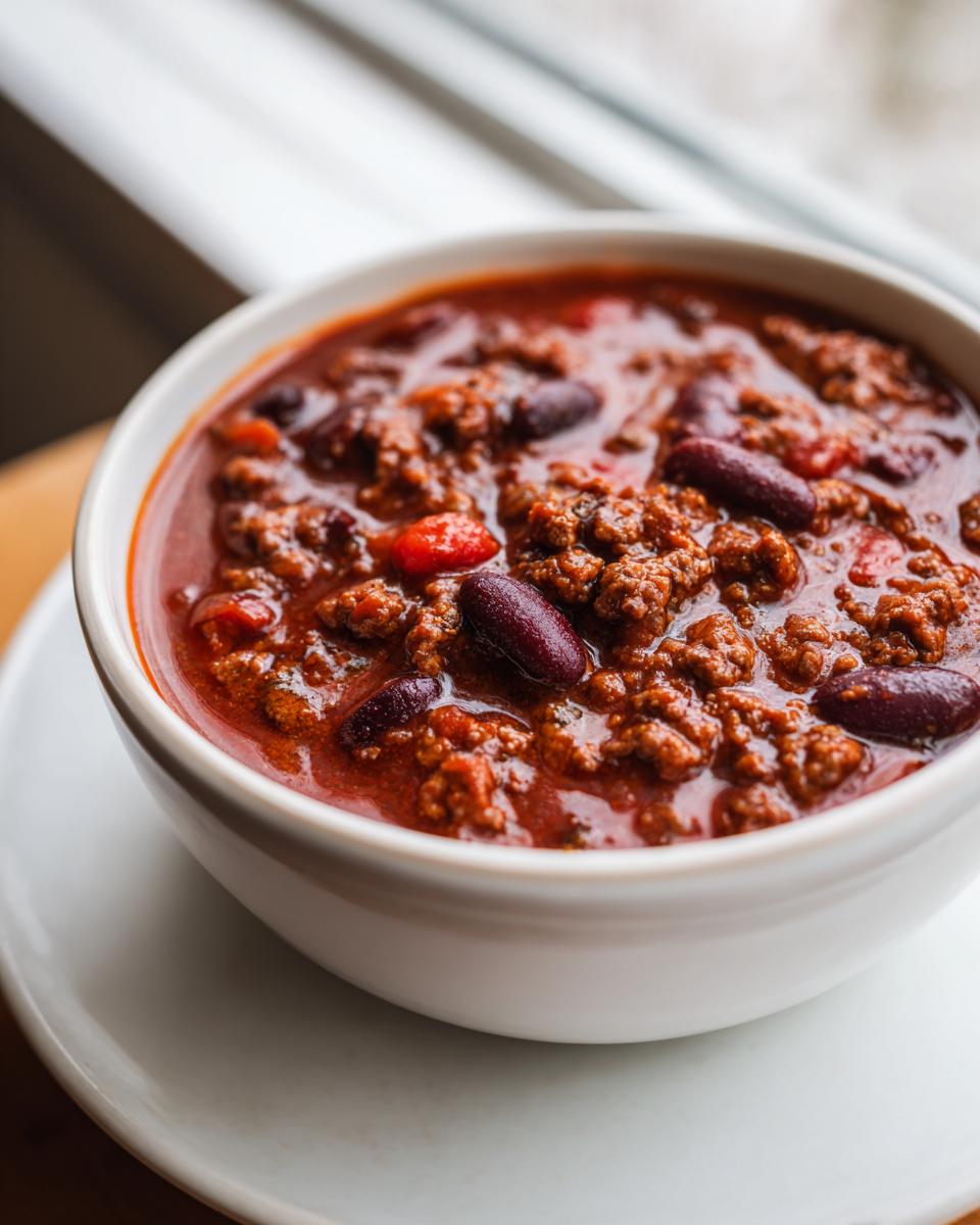 Close-up of a white bowl filled with rich, meaty chili featuring ground beef and dark red kidney beans.