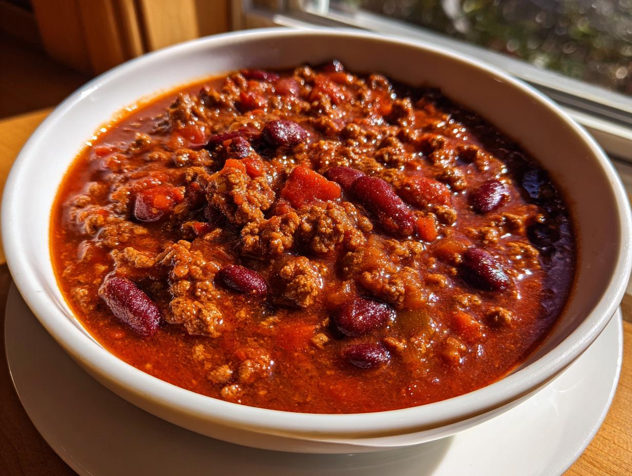 A close-up view of a steaming white bowl filled with rich, meaty chili featuring kidney beans and a deep red sauce.