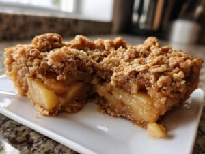 Two squares of amazing apple crisp showing gooey filling and crunchy oat topping on a white plate.