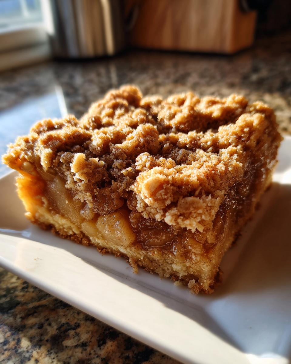 Close-up of a square slice of baked apple crisp with a thick, crumbly topping on a white plate.
