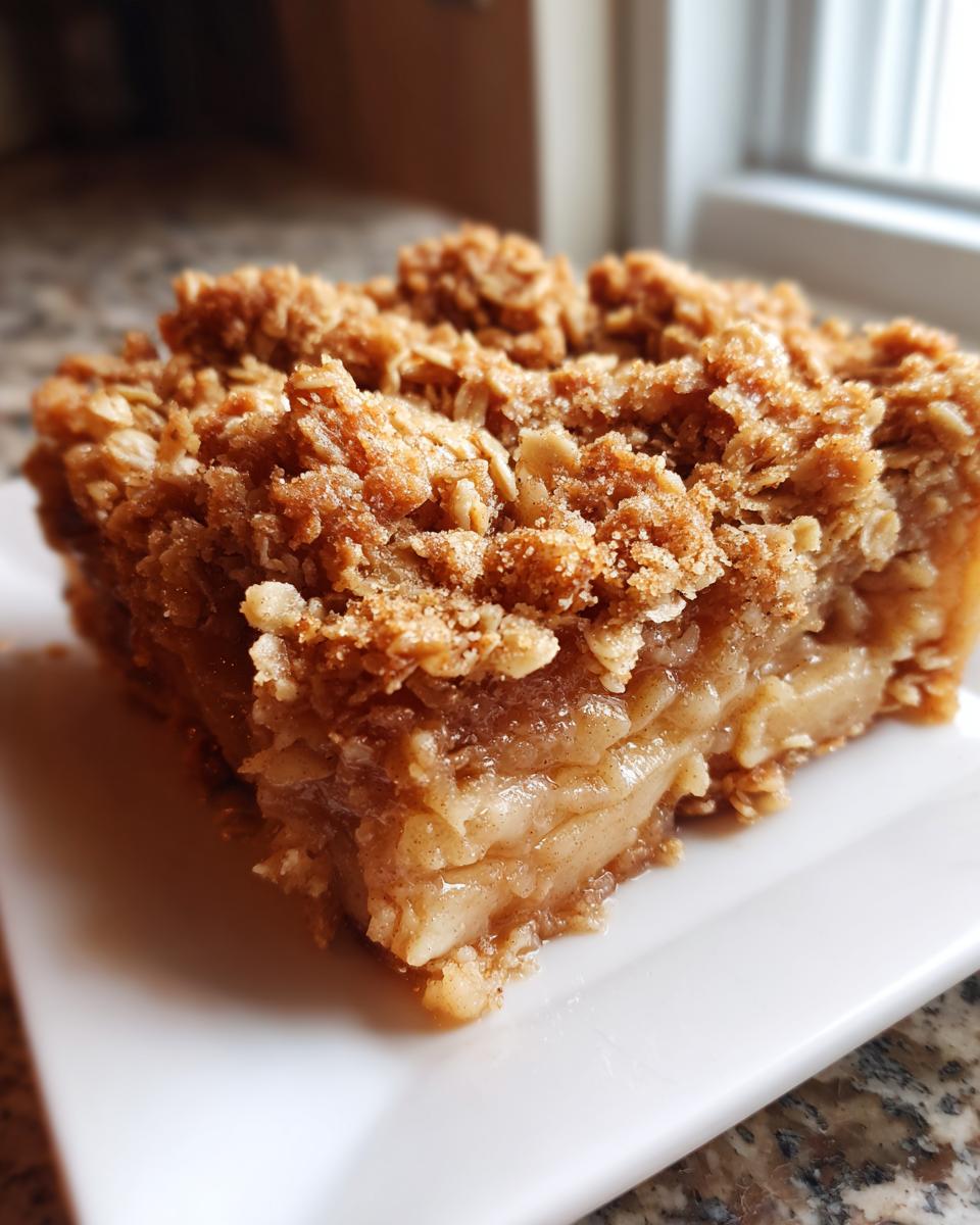 A close-up of a square serving of apple crisp showing thick, tender apple filling and a crunchy oat topping.