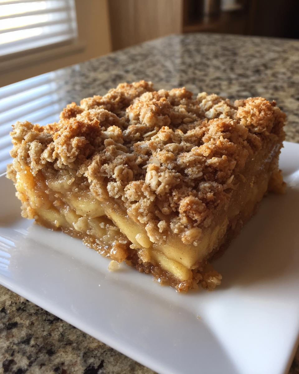 A square serving of amazing apple crisp with thick, gooey apple filling and a crunchy oat topping.