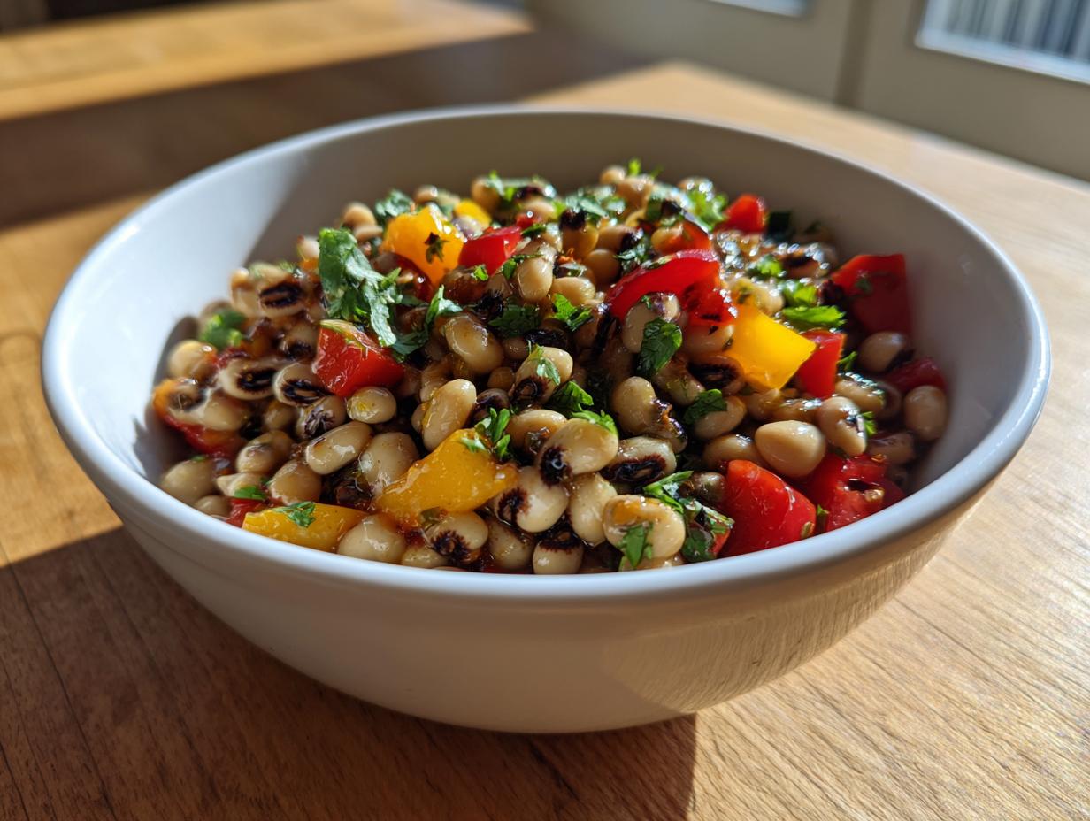 A close-up of a vibrant Black-eyed pea salad mixed with chopped red and yellow bell peppers and fresh herbs in a white bowl.