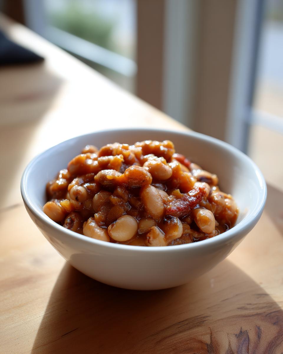 A white bowl filled with a rich, saucy black eyed peas recipe, sitting on a sunlit wooden table.