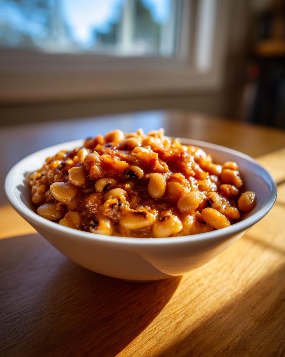 Close-up of a white bowl filled with a rich, saucy black eyed peas recipe, highlighted by natural sunlight.