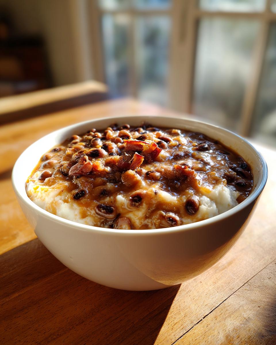 A white bowl filled with a savory black eyed peas recipe served over creamy white grits, topped with bacon.