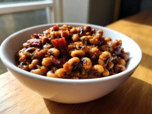 Close-up of a white bowl filled with rich, savory black eyed peas recipe, featuring bacon pieces.