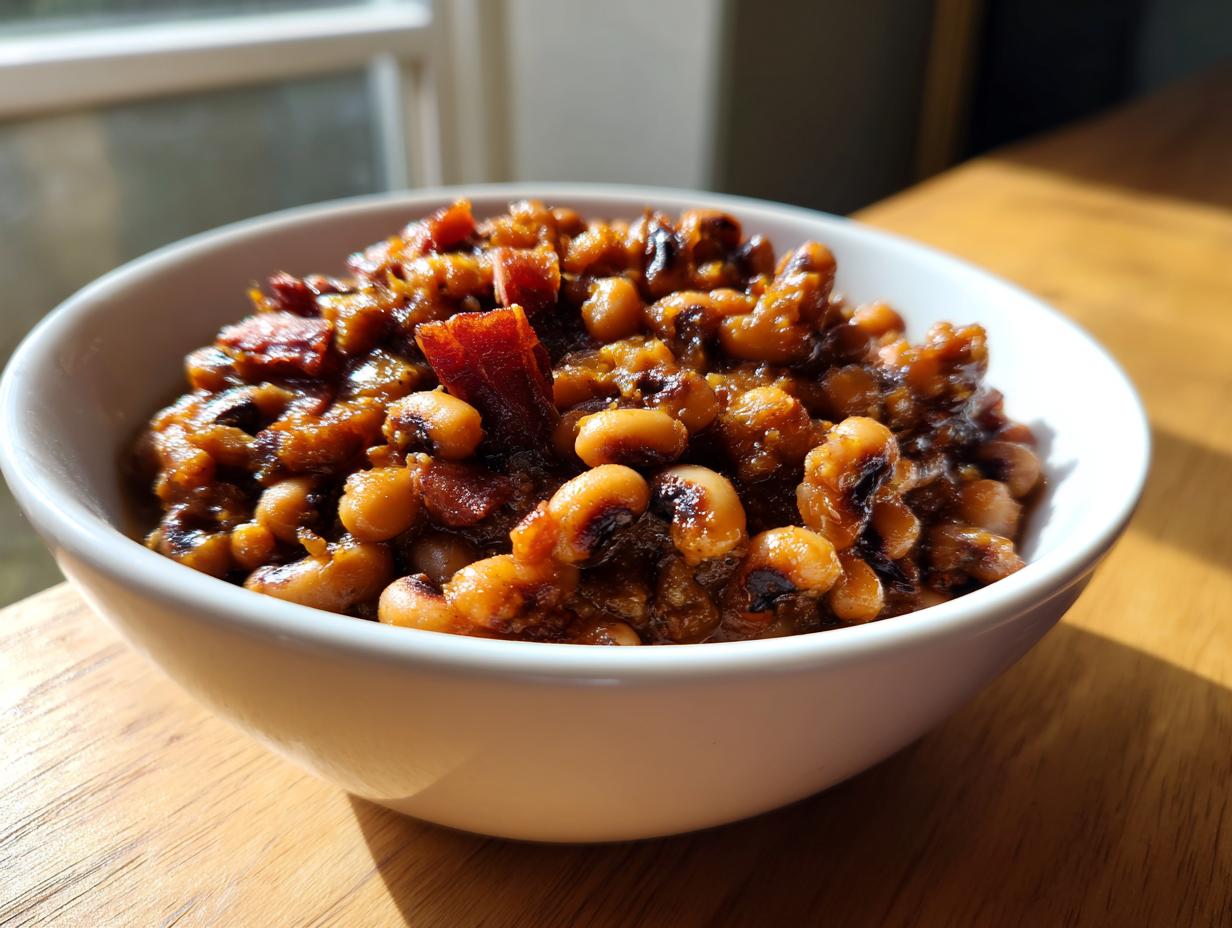 Close-up of a white bowl filled with rich, savory black eyed peas recipe, featuring bacon pieces.