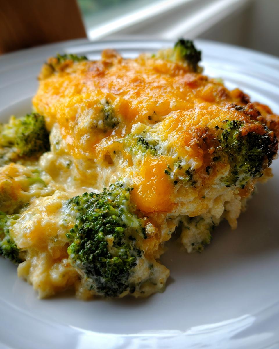 A close-up serving of creamy, cheesy broccoli casserole topped with golden melted cheddar cheese.