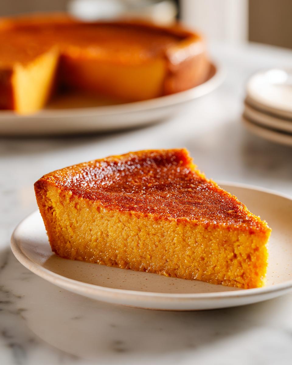 A close-up slice of rich, orange crustless pumpkin pie with a caramelized top.