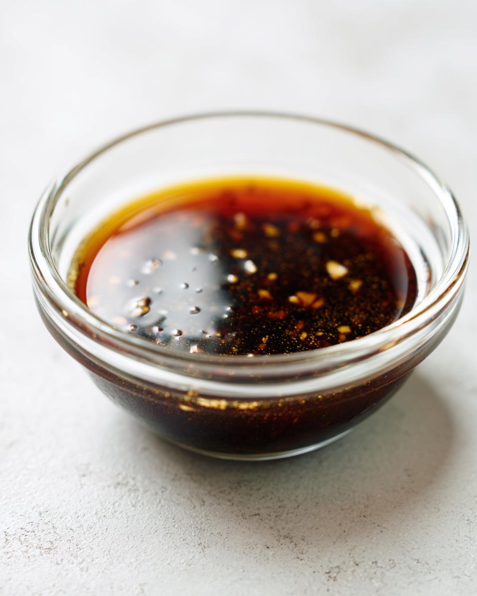 Close-up of a rich, dark brown Dumpling Sauce with visible specks of garlic or ginger in a clear glass dipping bowl.