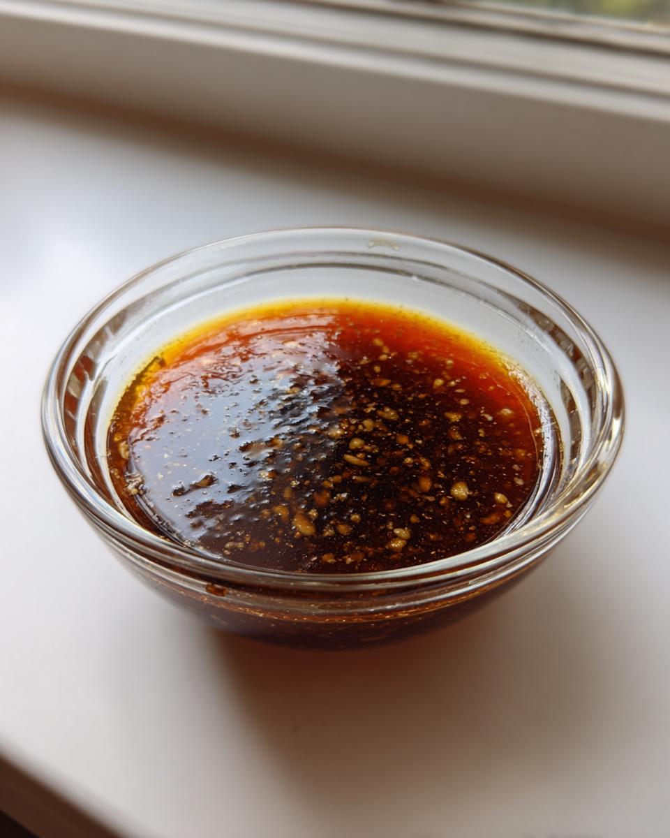 Close-up of a rich, dark brown Dumpling Sauce with visible specks of garlic or ginger in a small clear glass bowl.