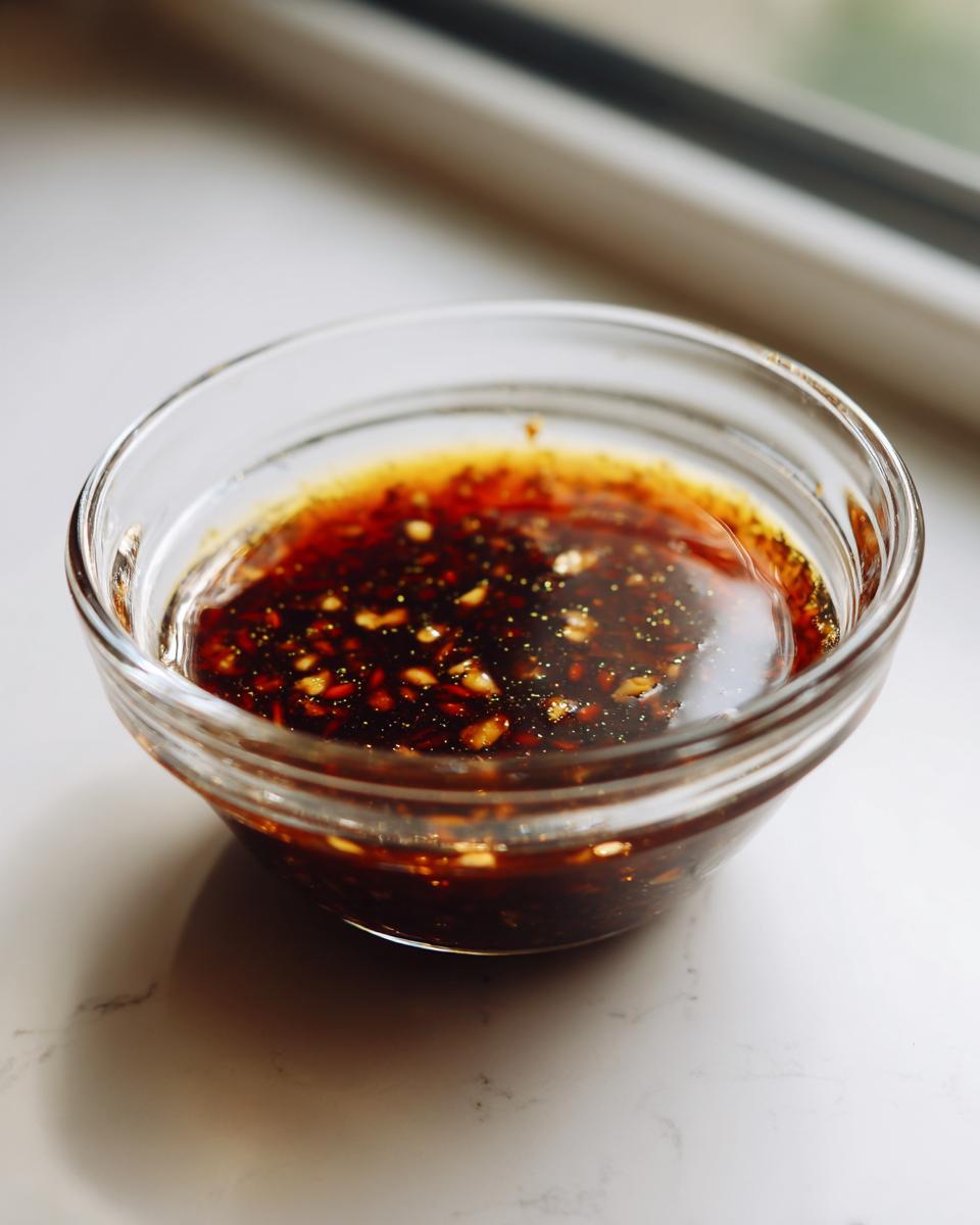 Close-up of a rich, dark brown Dumpling Sauce with visible minced garlic and chili flakes in a small clear bowl.