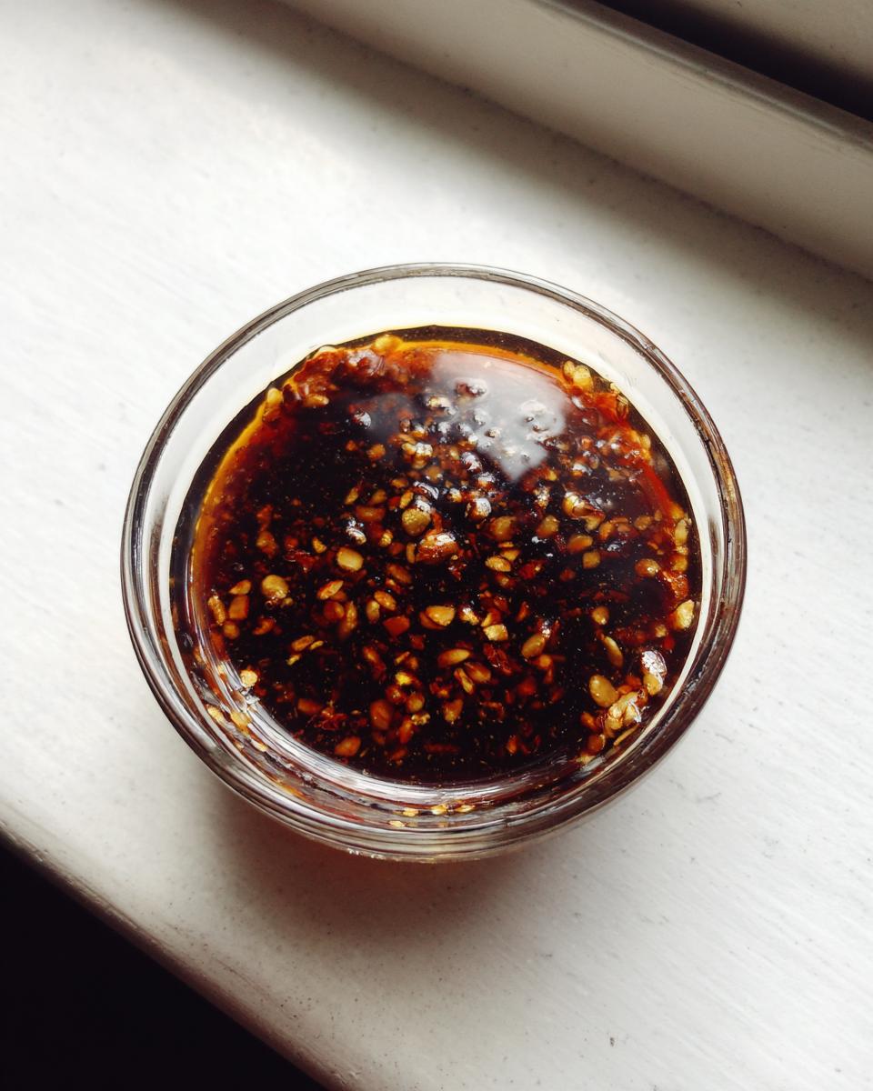 Close-up overhead view of a rich, dark Dumpling Sauce topped with toasted sesame seeds.