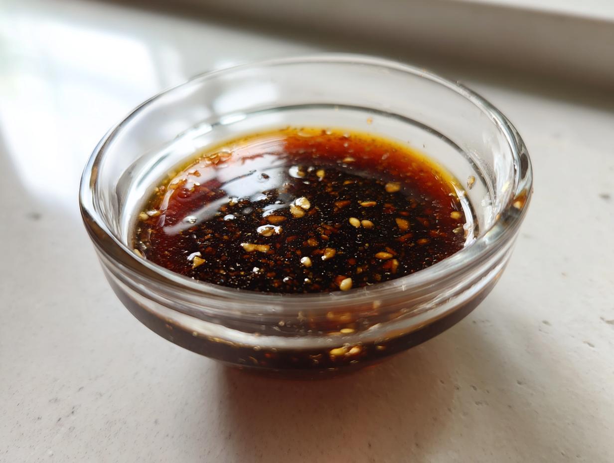 Close-up of a rich, dark brown Dumpling Sauce sprinkled with sesame seeds in a small clear glass bowl.