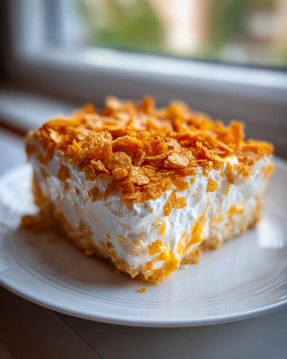 A square serving of creamy hashbrown casserole topped generously with crunchy, golden corn flakes on a white plate.