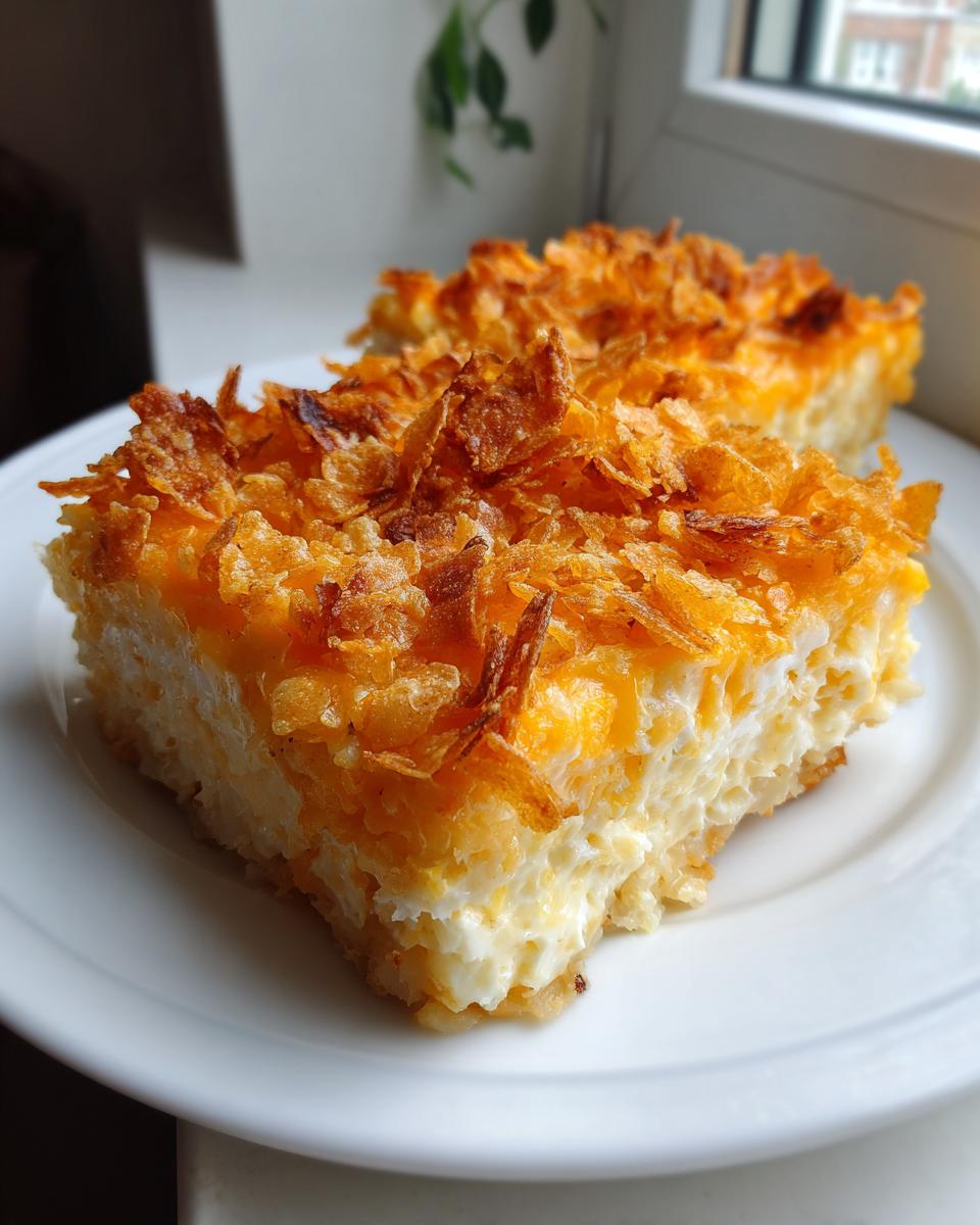 Two squares of creamy hashbrown casserole topped with crispy, golden cornflakes, served on a white plate.