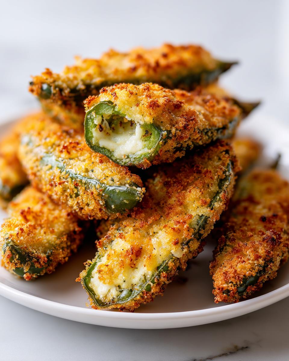 A close-up stack of crispy, golden-brown Jalapeño poppers filled with melted cheese.