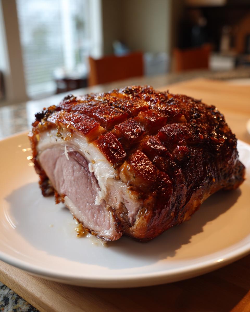 Close-up of a perfectly cooked roast duck piece showing pink meat and deeply browned, scored, crispy skin.