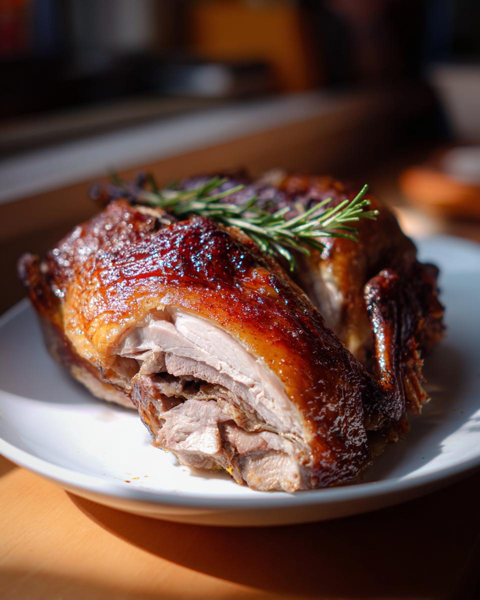 A close-up of a perfectly cooked roast duck, sliced open to show juicy meat and crisp, glazed skin, garnished with rosemary.