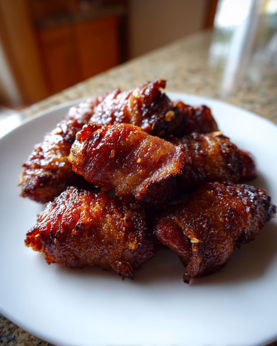 A close-up of several perfectly caramelized bacon-wrapped dates piled on a white plate.