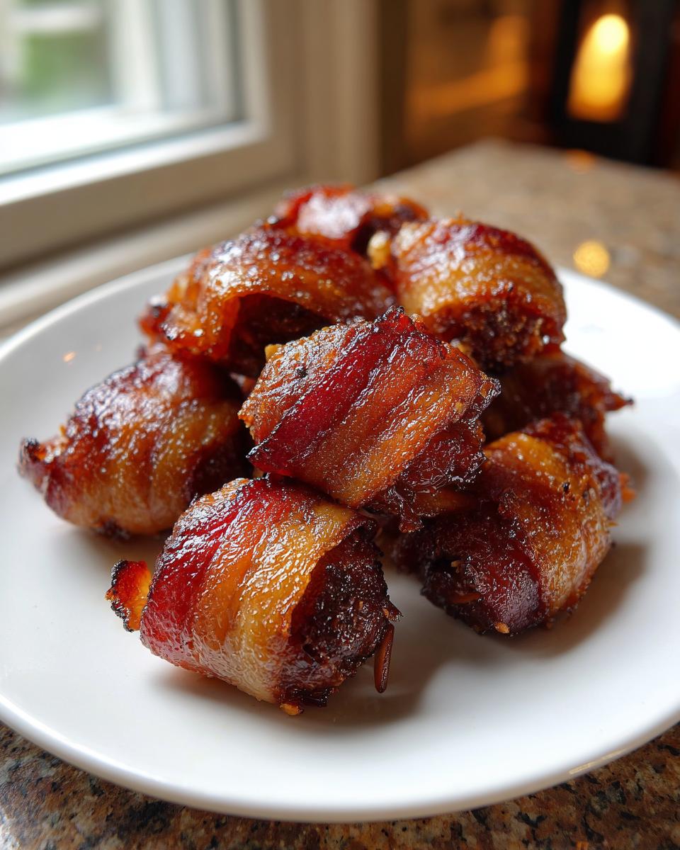 A pile of glistening, caramelized bacon-wrapped dates served on a white plate, ready to eat.