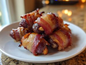 A close-up of several crispy, glazed bacon-wrapped dates piled on a small white plate.