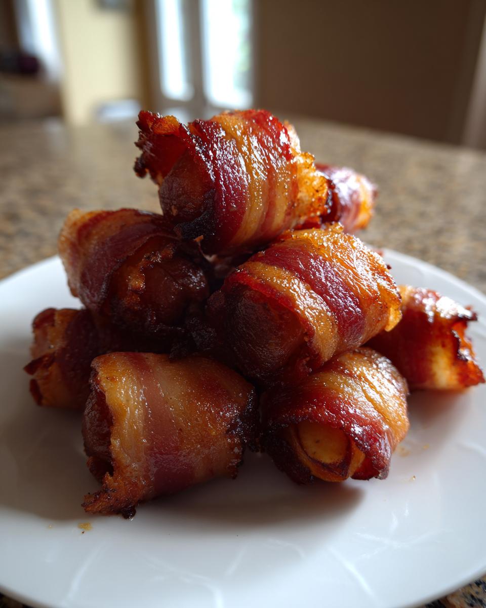 A close-up stack of perfectly cooked, glossy bacon-wrapped dates piled high on a white serving plate.