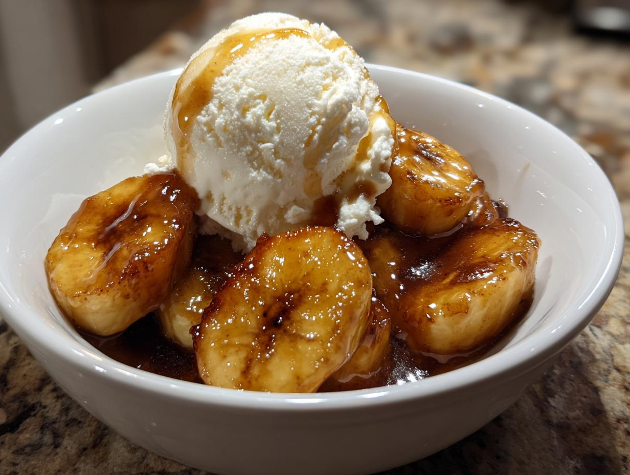 A white bowl filled with caramelized bananas and a large scoop of vanilla ice cream, ready for Bananas Foster.