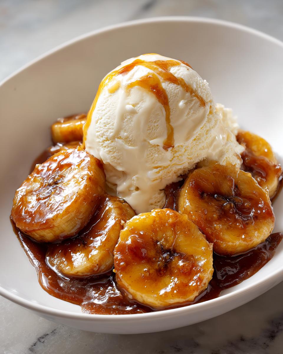 Close-up of Bananas Foster: caramelized banana slices topped with melting vanilla ice cream and caramel sauce.