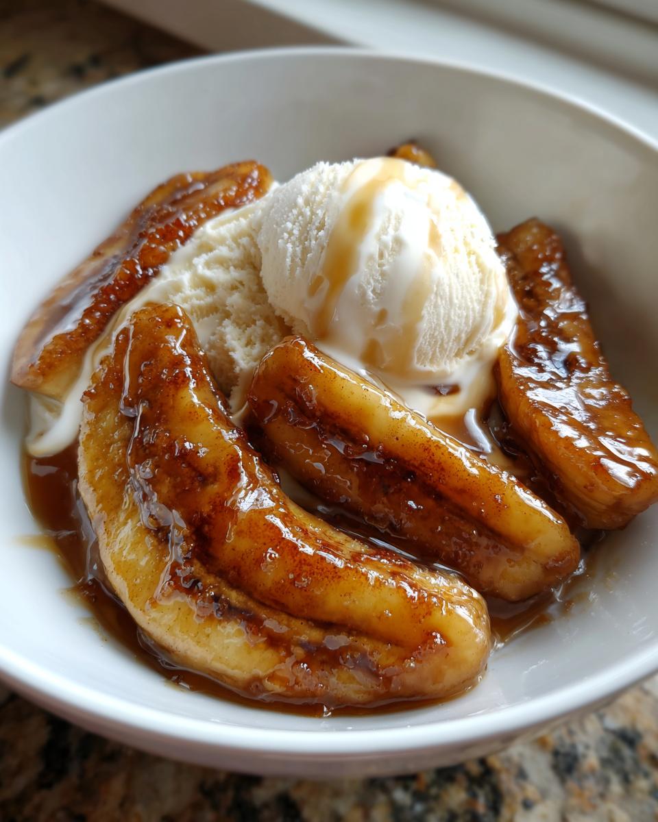 Close-up of caramelized bananas foster served with a scoop of melting vanilla ice cream in a white bowl.