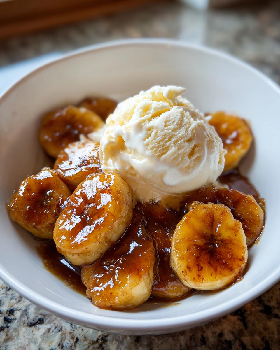 A close-up of warm Bananas Foster slices covered in caramel sauce, topped with a scoop of vanilla ice cream.