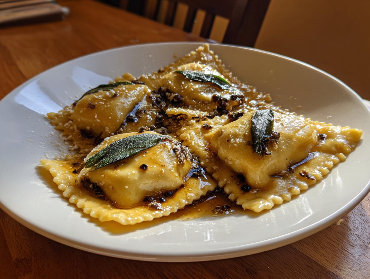 Four large, square beef short rib ravioli served on a white plate with brown butter sauce, grated cheese, and sage leaves.