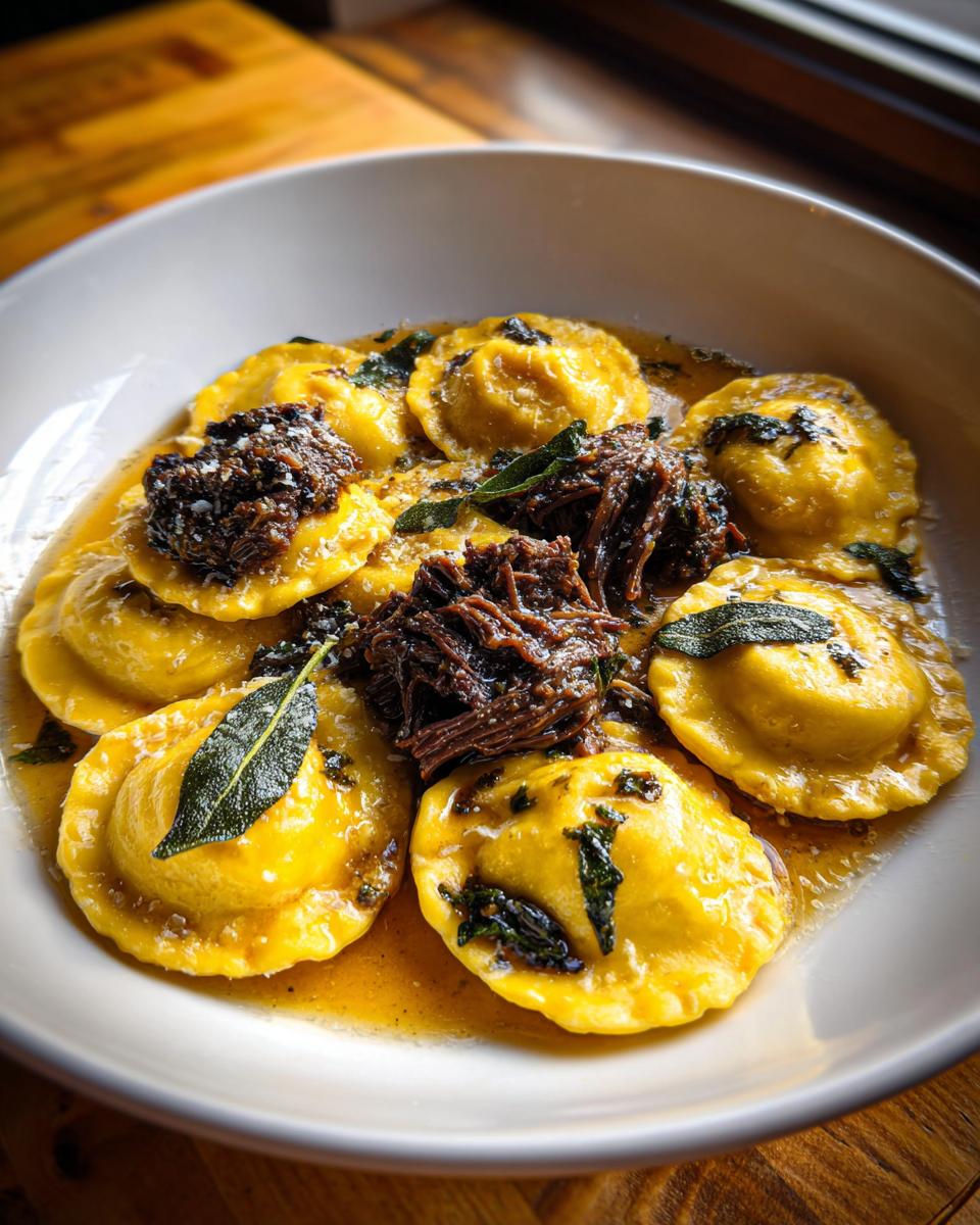 Close-up of bright yellow beef short rib ravioli topped with shredded beef and fried sage leaves in a butter sauce.