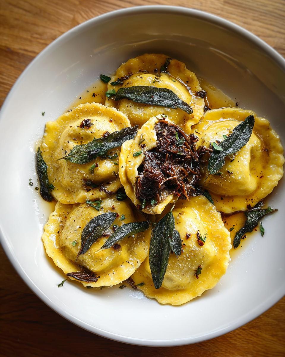 Close-up of five golden beef short rib ravioli served in a white bowl with brown butter sauce and crispy sage leaves.