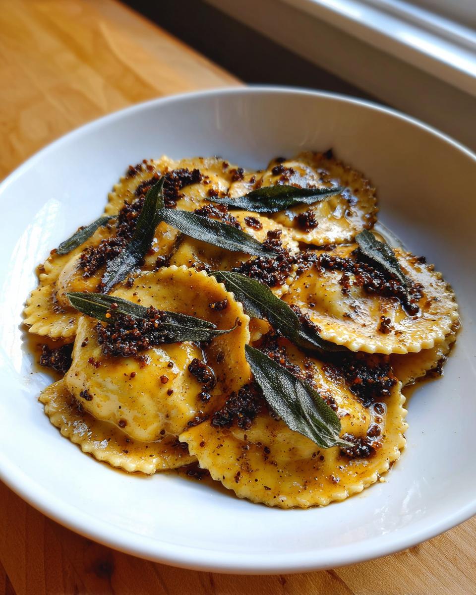 Close-up of plated beef short rib ravioli tossed in a brown butter sauce and topped with crispy sage leaves.