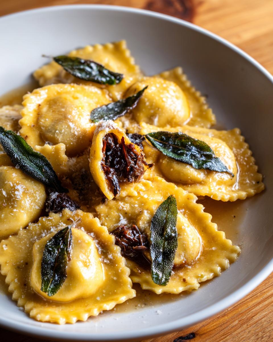 Close-up of golden beef short rib ravioli served in a light sauce, topped with crispy sage leaves and grated Parmesan.