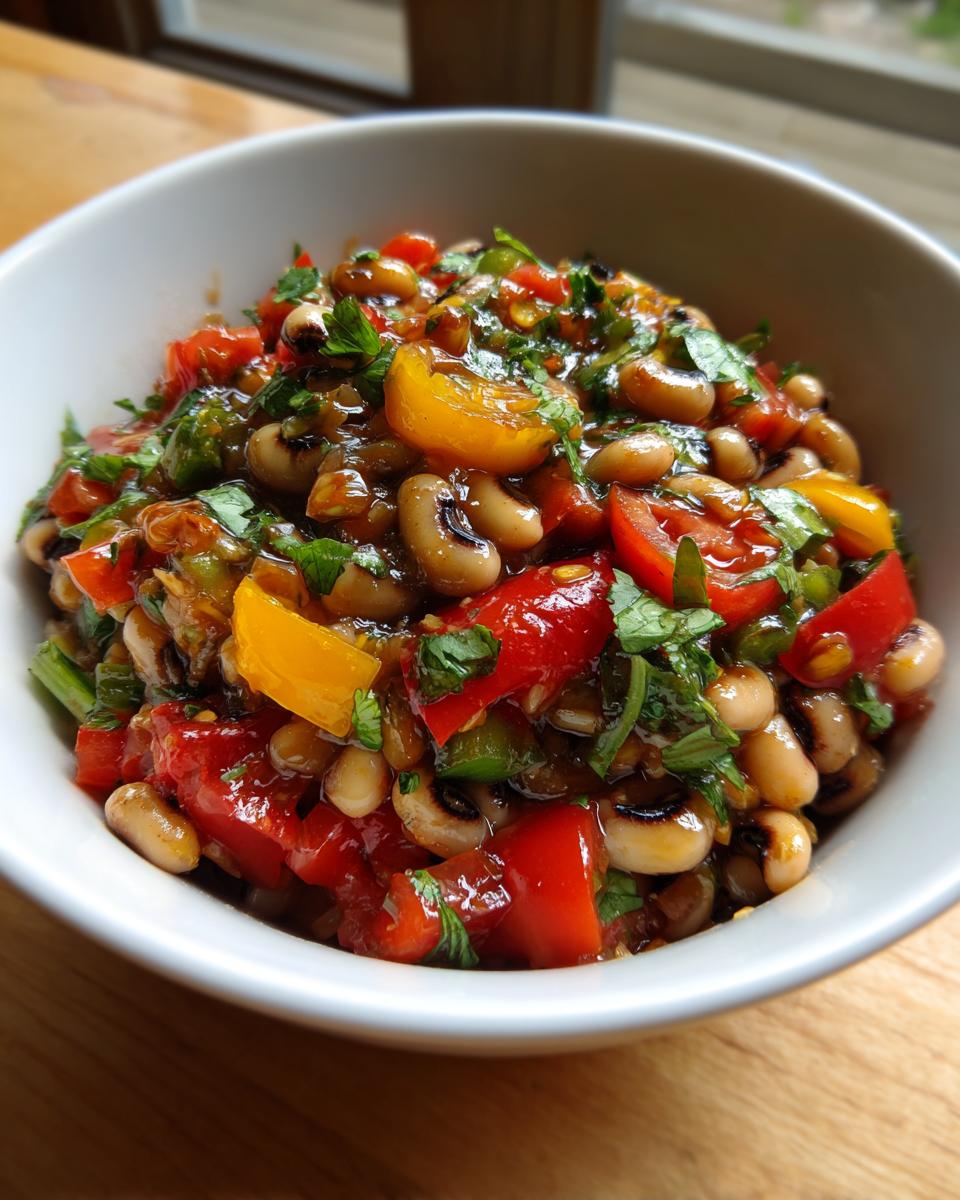 A close-up of a vibrant Black-eyed pea salad mixed with chopped red and yellow tomatoes and fresh parsley in a white bowl.