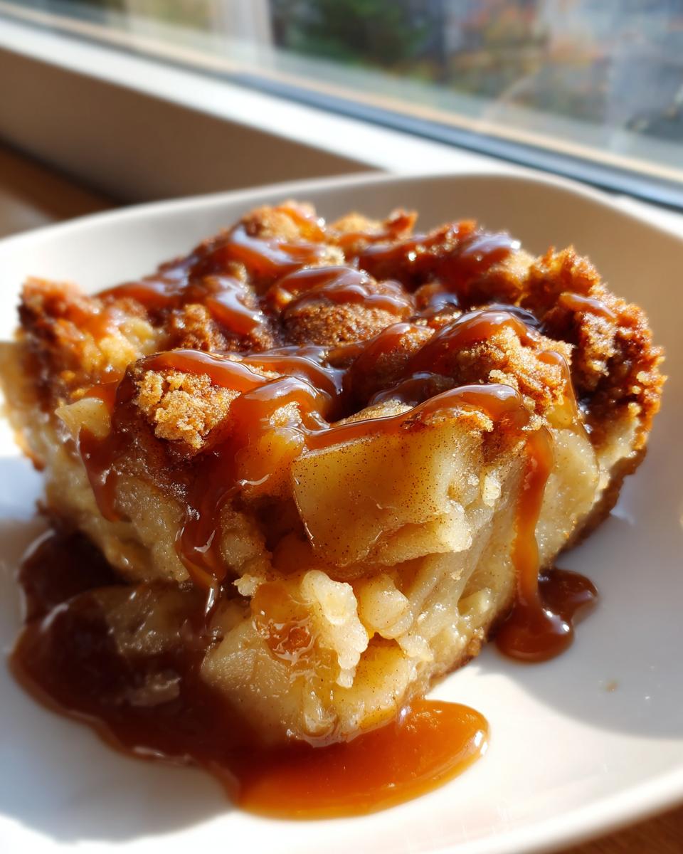 Close-up of a warm slice of caramel apple dump cake topped generously with thick caramel sauce.