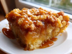 A close-up of a moist slice of caramel apple dump cake drizzled heavily with gooey caramel sauce.